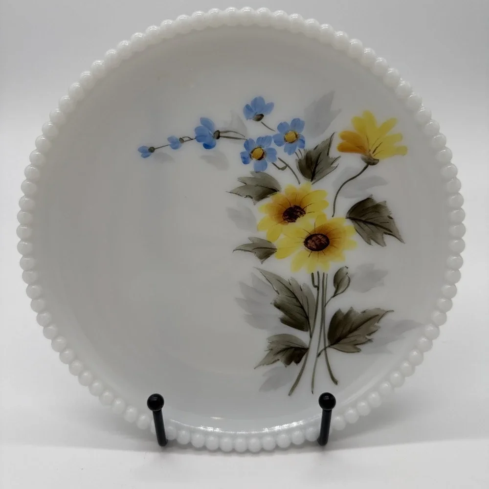 Vintage Westmoreland Beaded Edge White Milk Glass Yellow & Blue Flowers Plate
